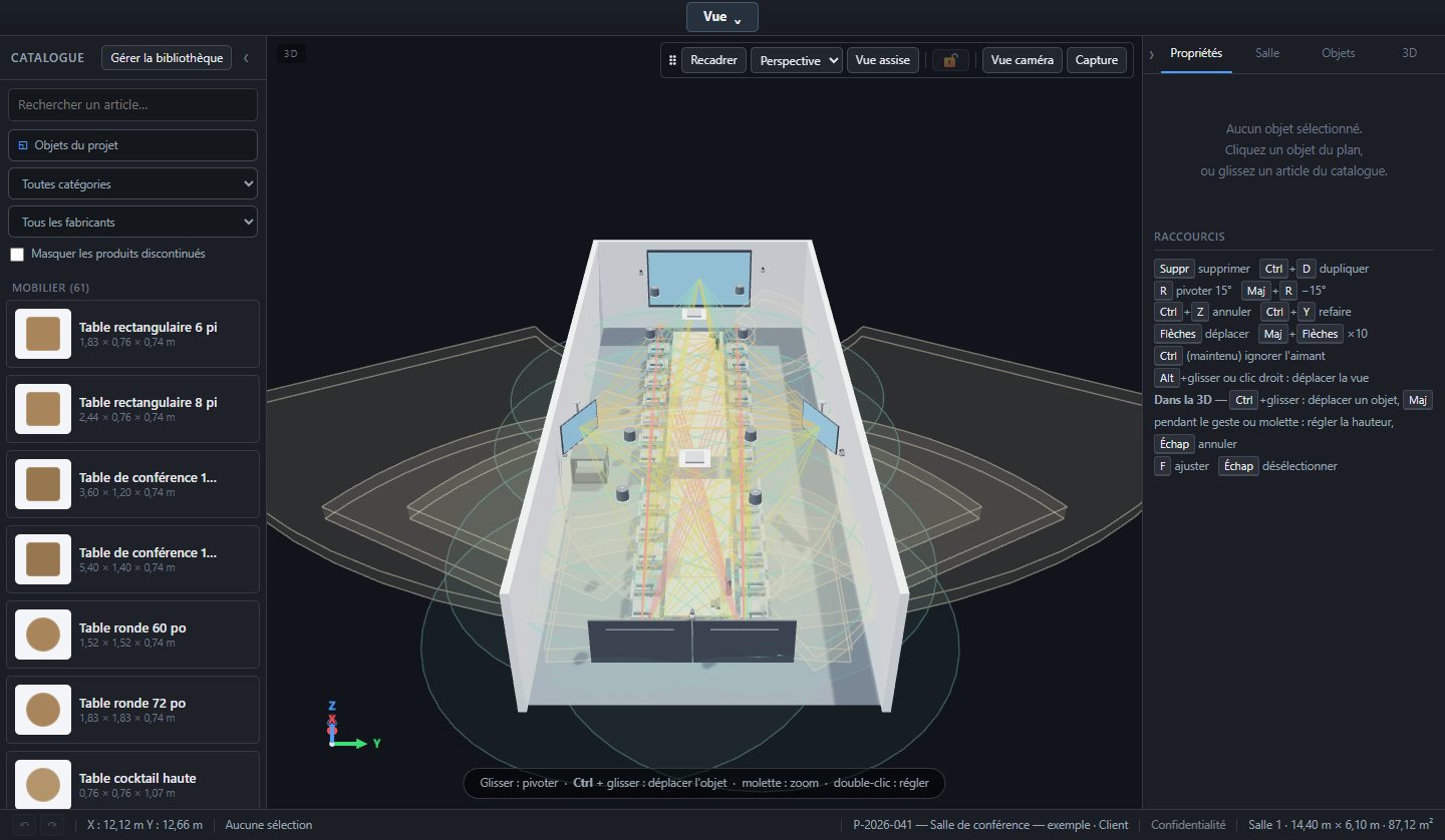 La vue 3D seule : la salle de conférence, la table, les sièges, l'écran et le cône de la caméra