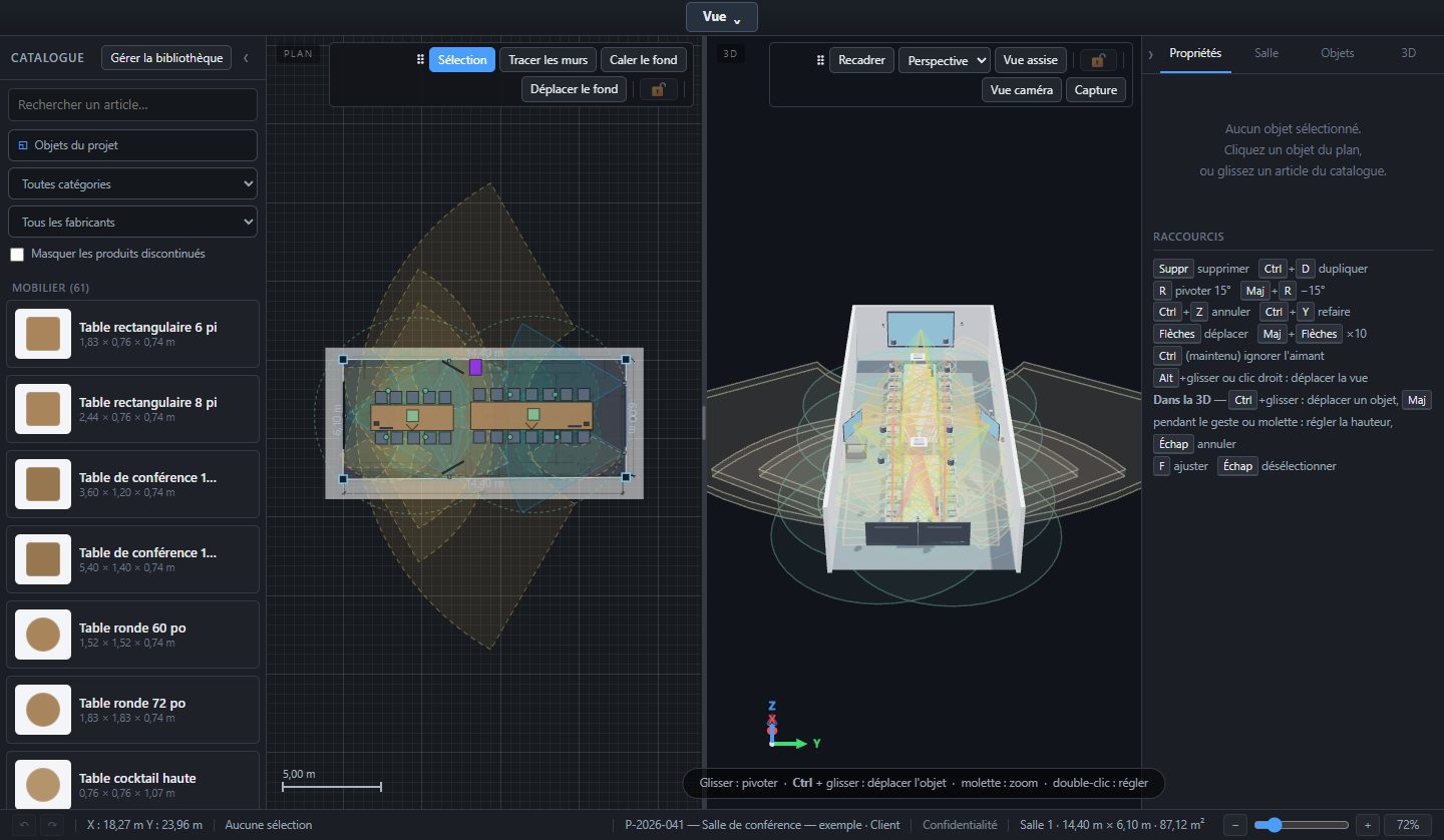 Plan et 3D côte à côte : le plan avec les cônes de projection et la couverture sonore, la 3D de la même salle à droite